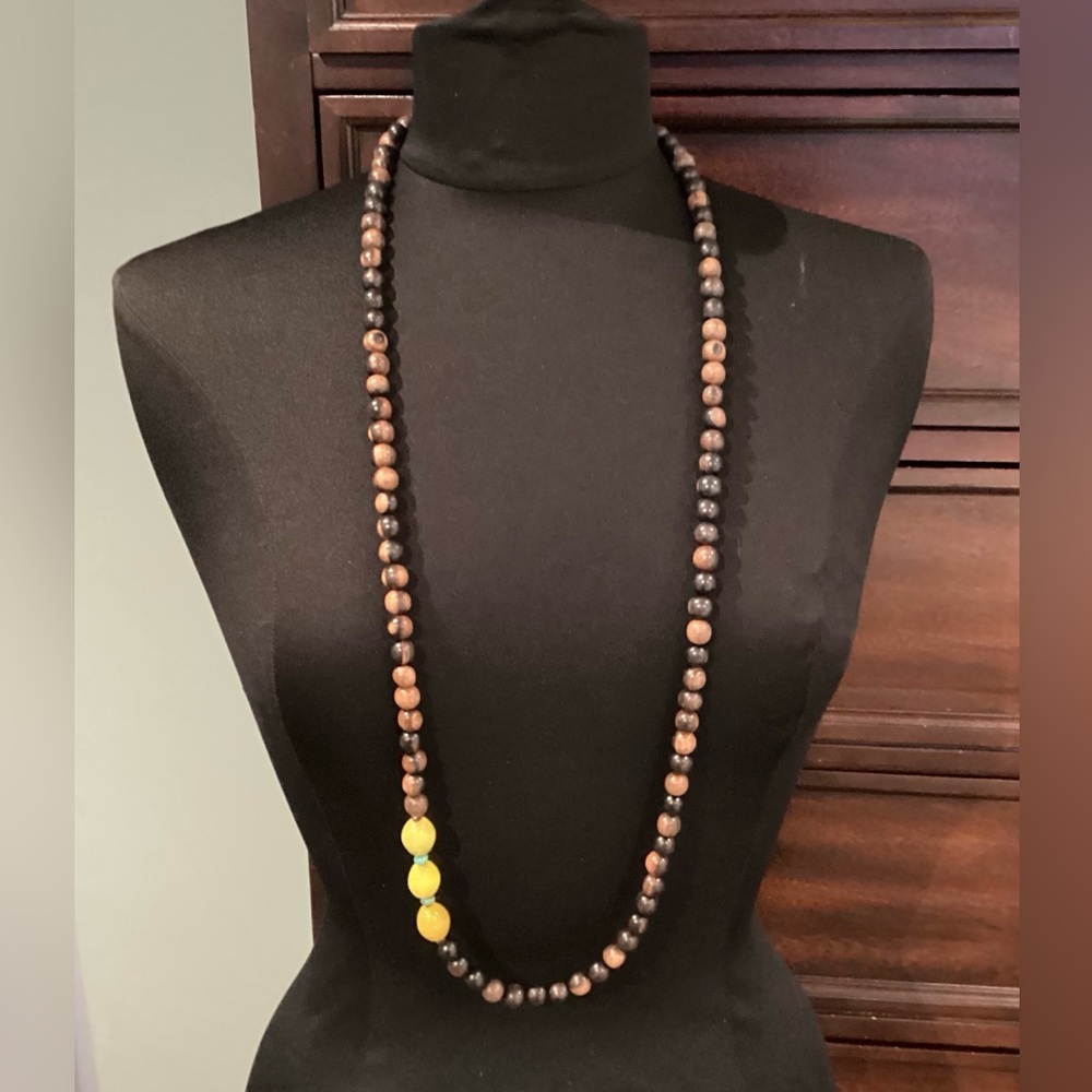 Wooden Beaded Necklace With Colored Stone Accents Boho Vintage